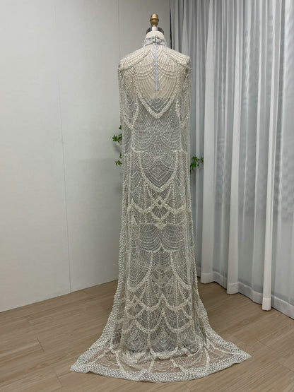 Vintage Style Pearl Drop Grey Evening Dress Long Sleeves Sheer Neck MY30070