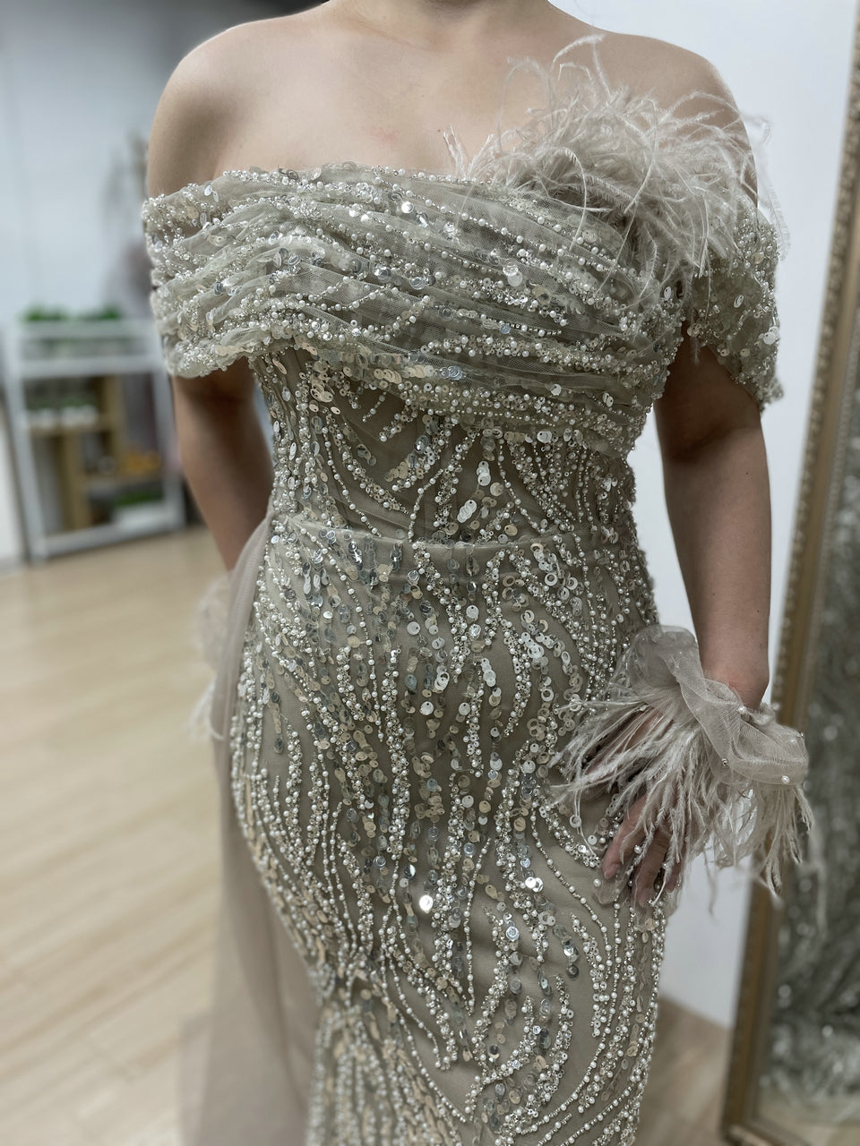 Luxury Strapless Mermaid Prom Dress Side Drape Feather Accent MY30073