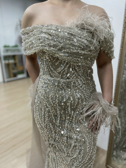Luxury Strapless Mermaid Prom Dress Side Drape Feather Accent MY30073