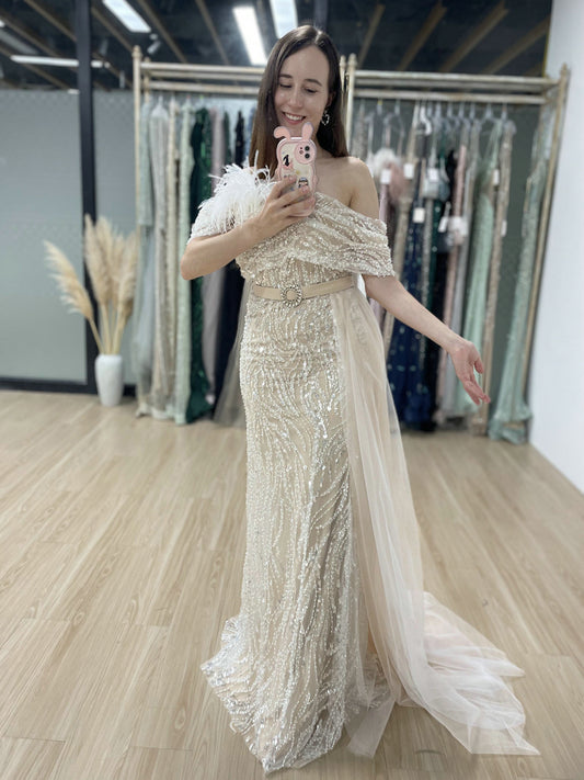 Luxury Strapless Mermaid Prom Dress Side Drape Feather Accent MY30073