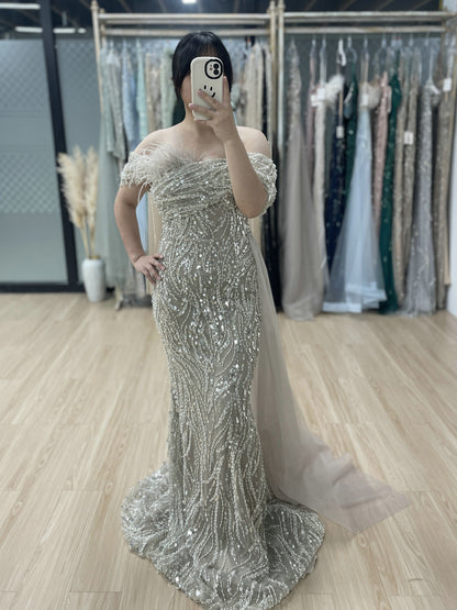 Luxury Strapless Mermaid Prom Dress Side Drape Feather Accent MY30073