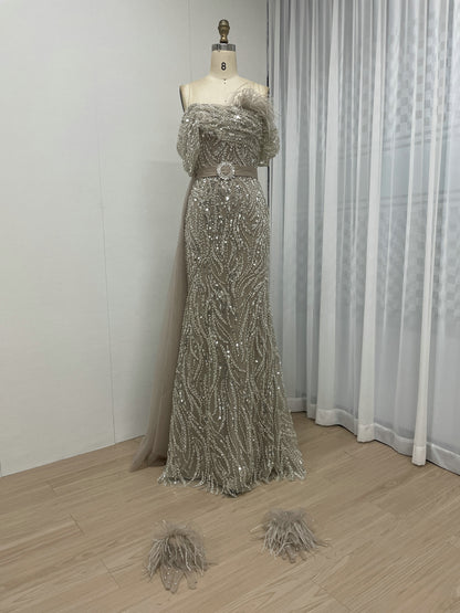 Luxury Strapless Mermaid Prom Dress Side Drape Feather Accent MY30073