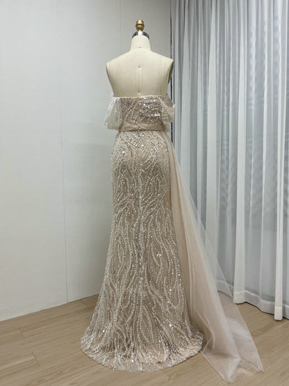 Luxury Strapless Mermaid Prom Dress Side Drape Feather Accent MY30073