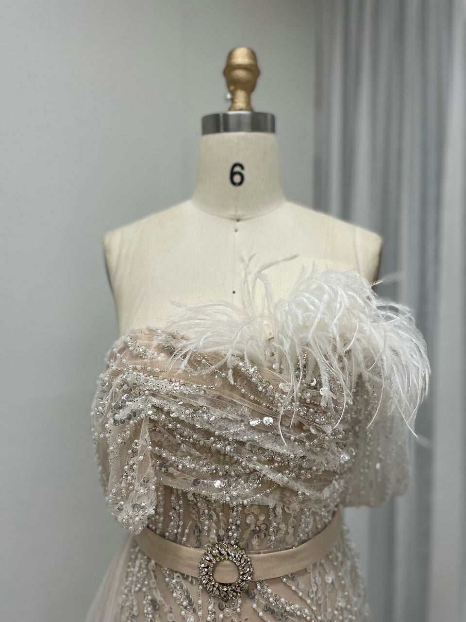 Luxury Strapless Mermaid Prom Dress Side Drape Feather Accent MY30073