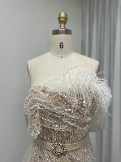 Luxury Strapless Mermaid Prom Dress Side Drape Feather Accent MY30073