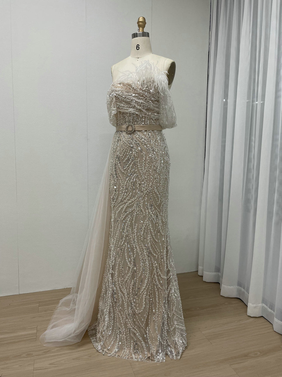 Luxury Strapless Mermaid Prom Dress Side Drape Feather Accent MY30073