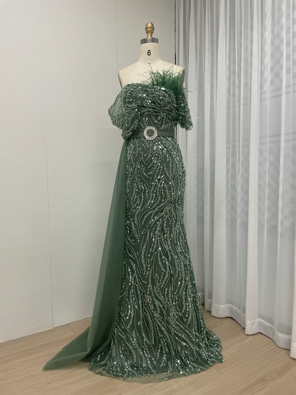 Luxury Strapless Mermaid Prom Dress Side Drape Feather Accent MY30073