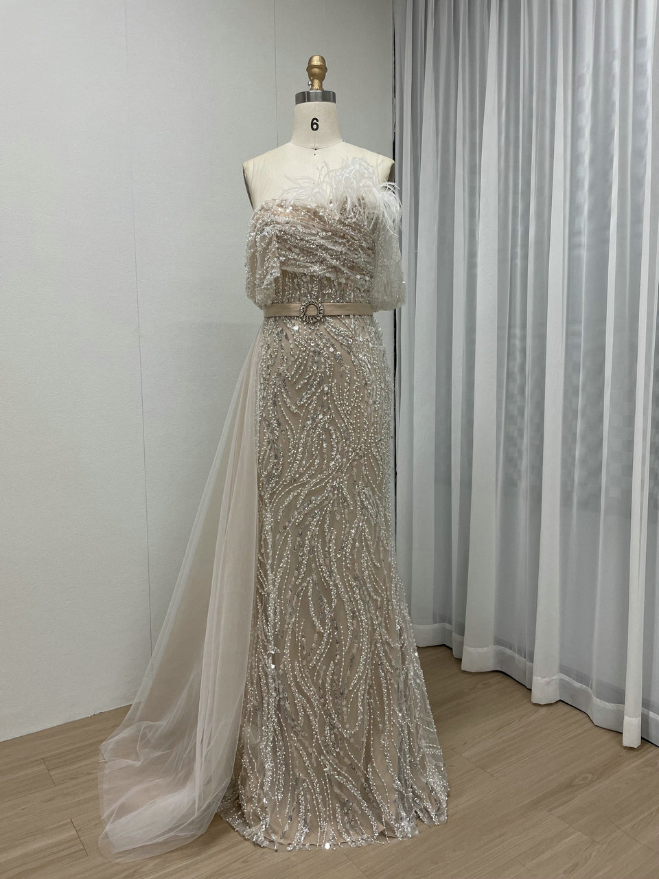 Luxury Strapless Mermaid Prom Dress Side Drape Feather Accent MY30073