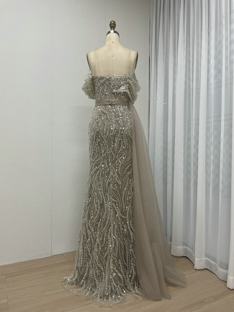Luxury Strapless Mermaid Prom Dress Side Drape Feather Accent MY30073
