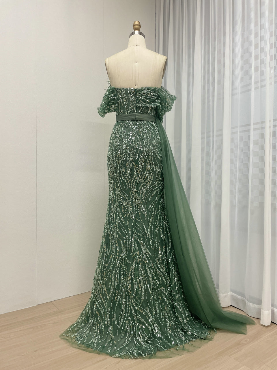 Luxury Strapless Mermaid Prom Dress Side Drape Feather Accent MY30073