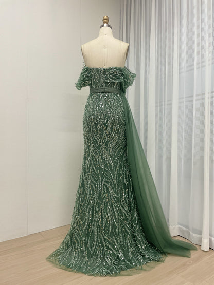 Luxury Strapless Mermaid Prom Dress Side Drape Feather Accent MY30073
