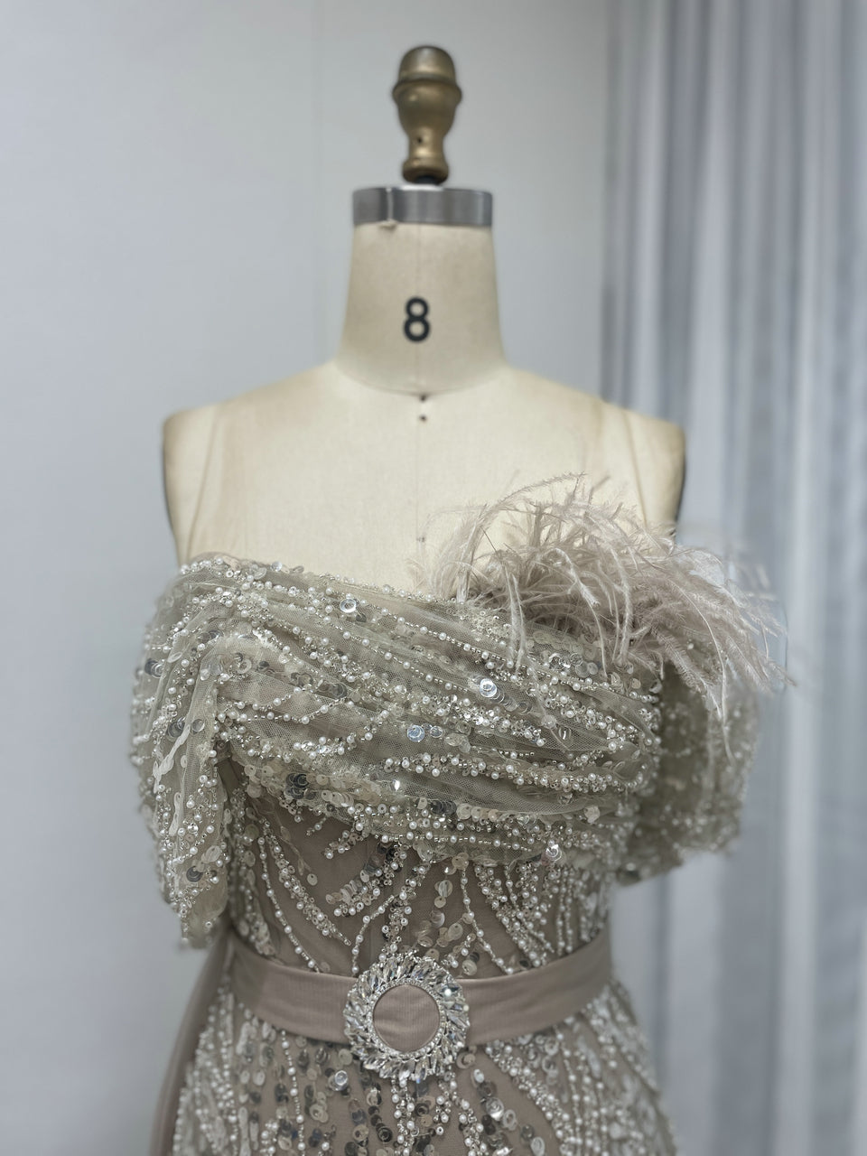 Luxury Strapless Mermaid Prom Dress Side Drape Feather Accent MY30073