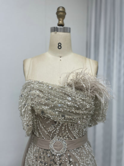 Luxury Strapless Mermaid Prom Dress Side Drape Feather Accent MY30073