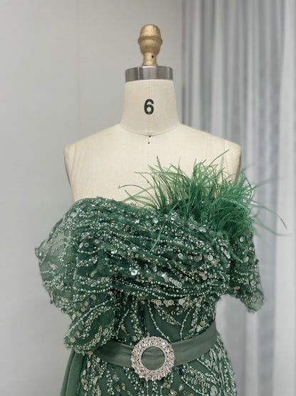 Luxury Strapless Mermaid Prom Dress Side Drape Feather Accent MY30073
