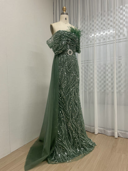 Luxury Strapless Mermaid Prom Dress Side Drape Feather Accent MY30073