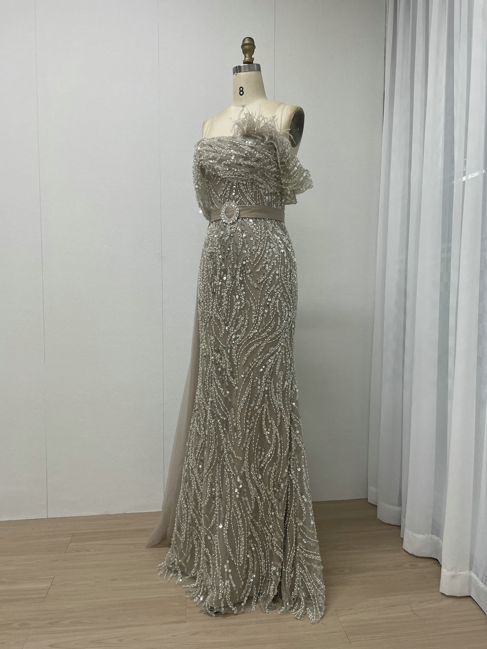 Luxury Strapless Mermaid Prom Dress Side Drape Feather Accent MY30073