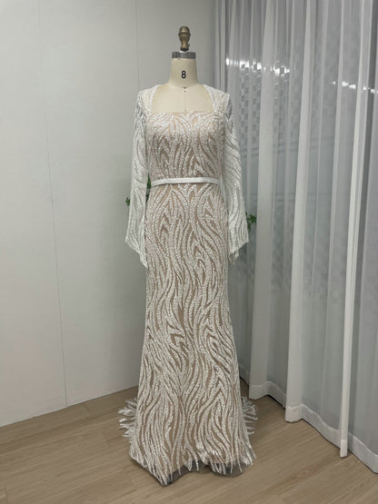 White Black Beaded Wedding Gown, Square Neck Long Sleeve Formal MY30075