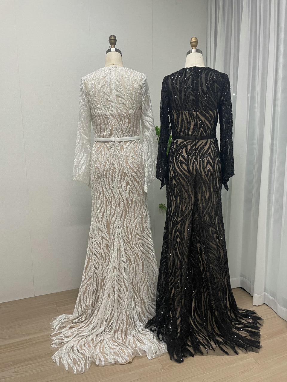 White Black Beaded Wedding Gown, Square Neck Long Sleeve Formal MY30075