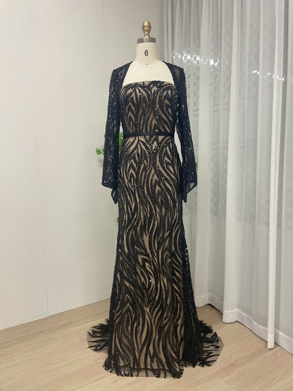 White Black Beaded Wedding Gown, Square Neck Long Sleeve Formal MY30075