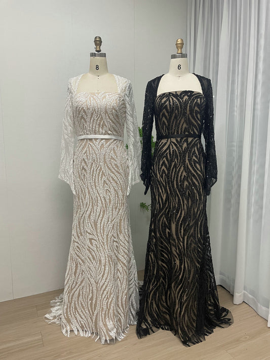 White Black Beaded Wedding Gown, Square Neck Long Sleeve Formal MY30075