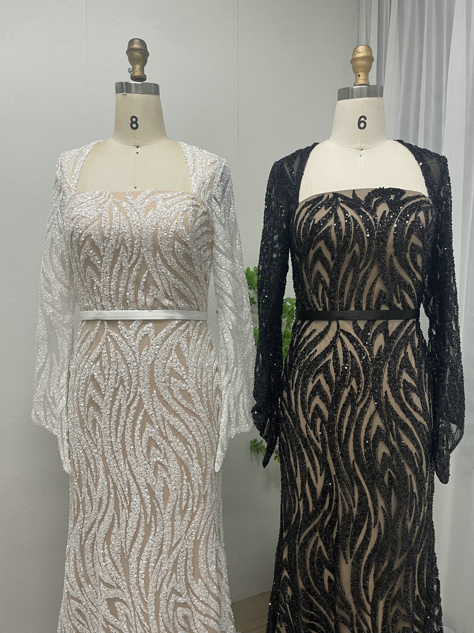 White Black Beaded Wedding Gown, Square Neck Long Sleeve Formal MY30075