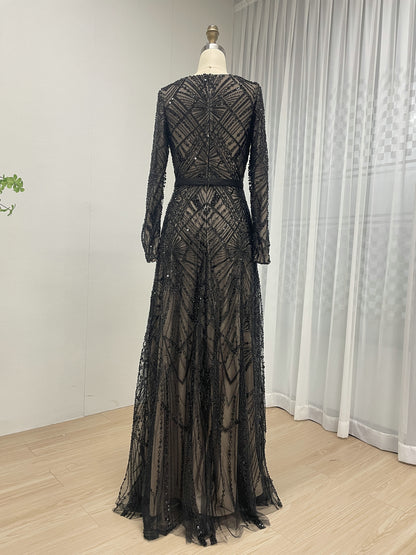 Elegant Black Beaded Dress Long Sleeves Train Cocktail Style MY30076-2