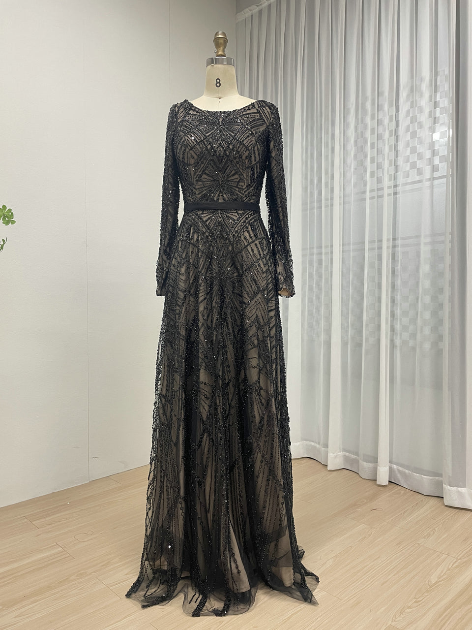 Elegant Black Beaded Dress Long Sleeves Train Cocktail Style MY30076-2
