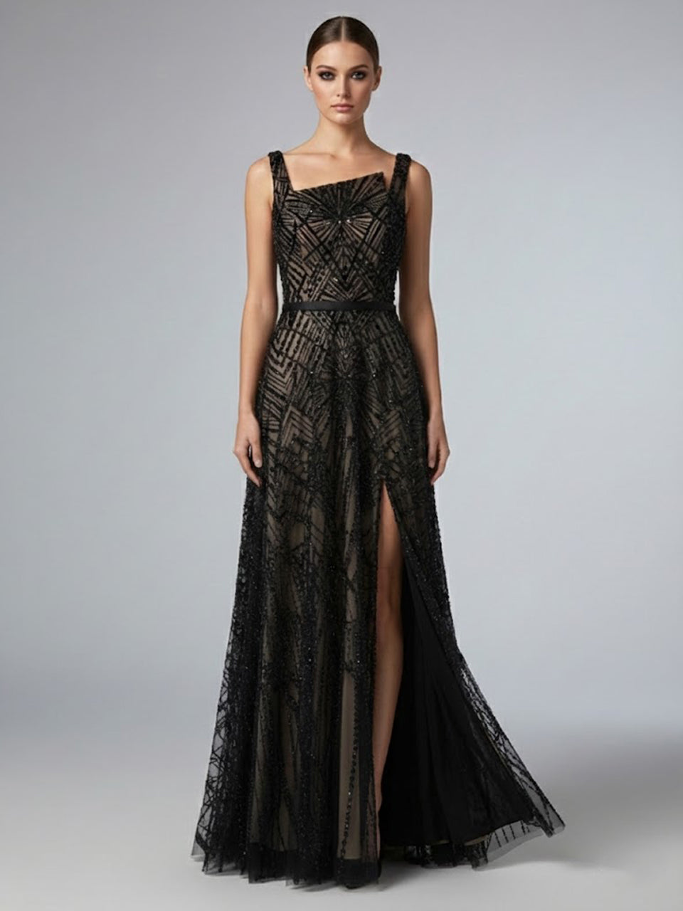 Geometric Sequined A-Line Evening Gown with Asymmetric Neckline and Thigh-High Slit MY30076