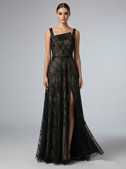 Geometric Sequined A-Line Evening Gown with Asymmetric Neckline and Thigh-High Slit MY30076