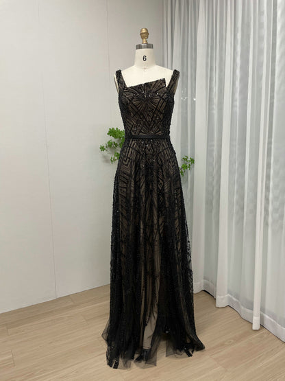 Geometric Sequined A-Line Evening Gown with Asymmetric Neckline and Thigh-High Slit MY30076