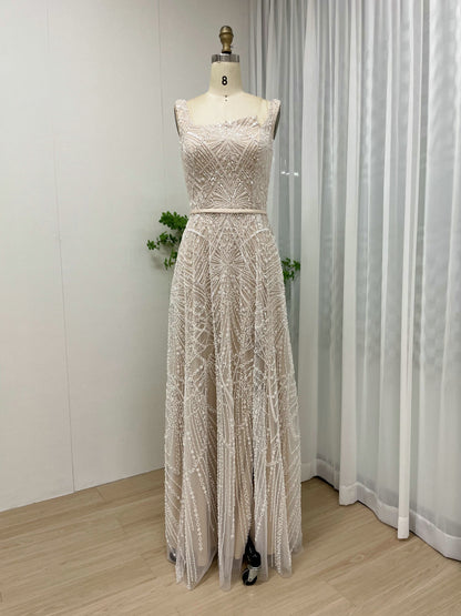 Geometric Sequined A-Line Evening Gown with Asymmetric Neckline and Thigh-High Slit MY30076