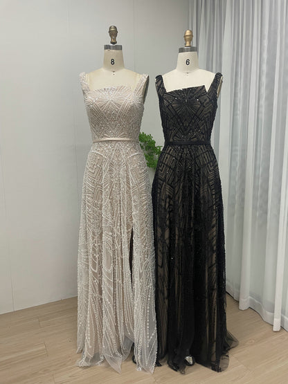 Geometric Sequined A-Line Evening Gown with Asymmetric Neckline and Thigh-High Slit MY30076