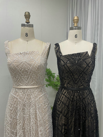 Geometric Sequined A-Line Evening Gown with Asymmetric Neckline and Thigh-High Slit MY30076