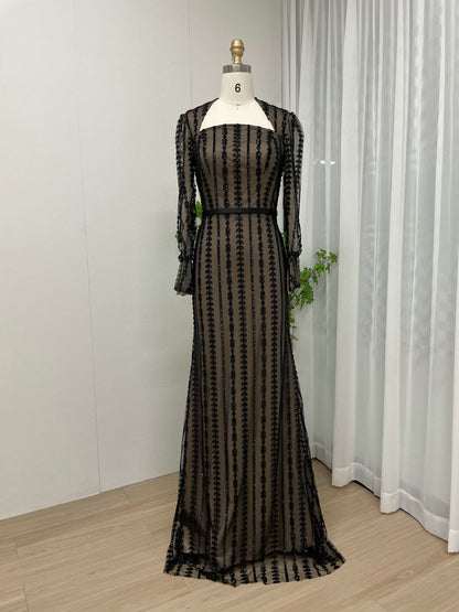 Black Long Sleeve Gown, Sequin Square Neck Formal Dress MY30077