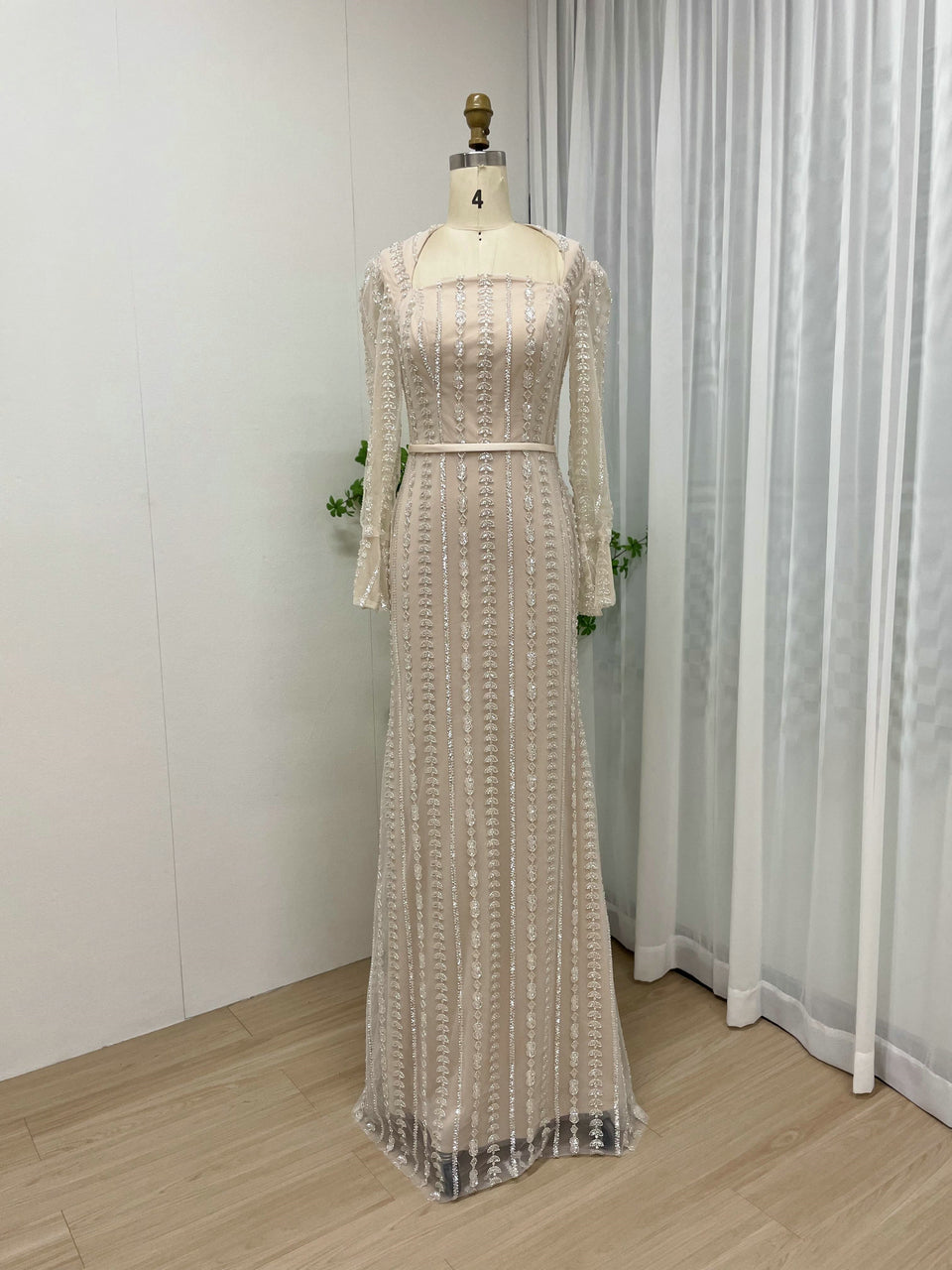 Black Long Sleeve Gown, Sequin Square Neck Formal Dress MY30077