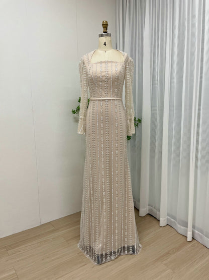 Black Long Sleeve Gown, Sequin Square Neck Formal Dress MY30077