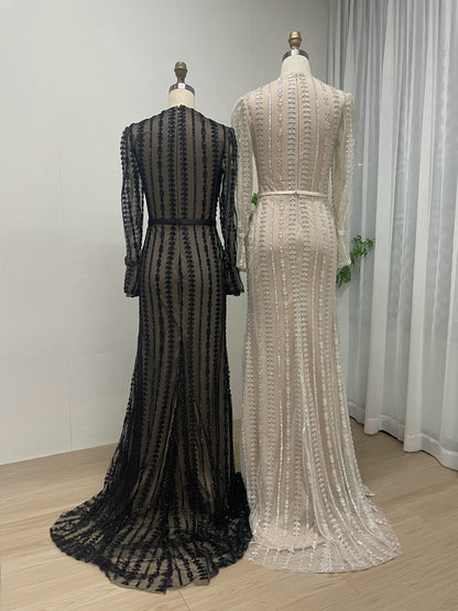 Black Long Sleeve Gown, Sequin Square Neck Formal Dress MY30077
