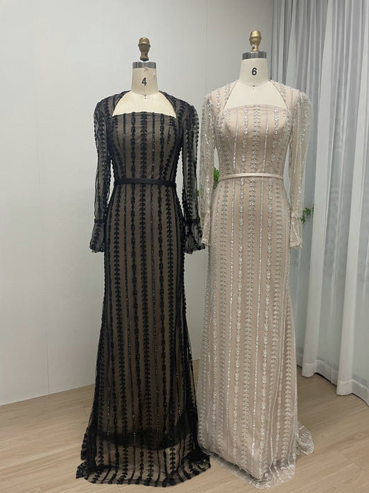 Black Long Sleeve Gown, Sequin Square Neck Formal Dress MY30077