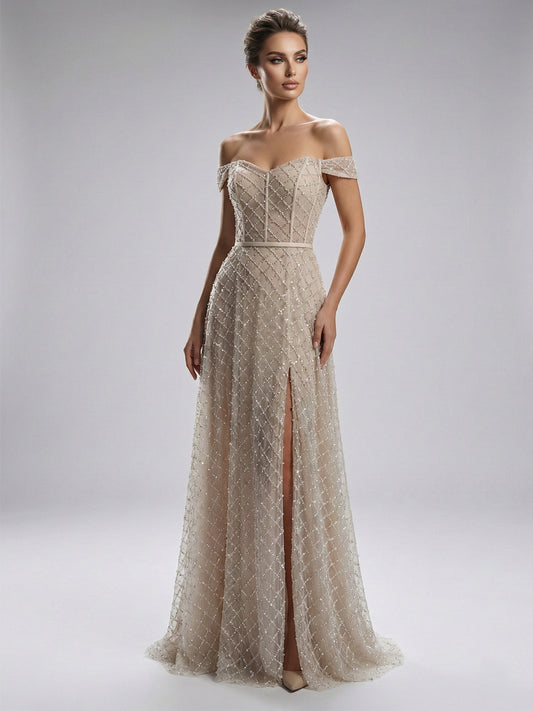 Geometric Beaed Off-The-Shoulder Evening Gown with Thigh Slit - White MY30078