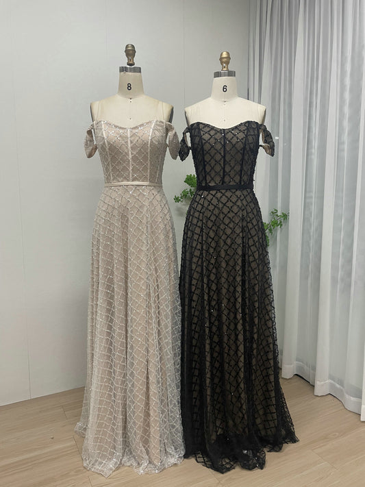 A-Line Beaded Wedding Guest Dress Off-Shoulder High Slit Formal Gown MY30078