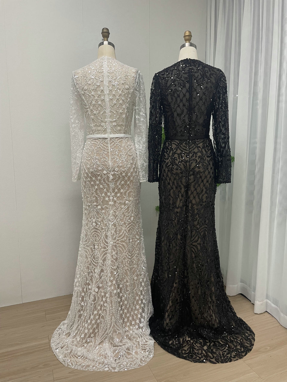 Luxury Black Long Sleeve Formal Dress Mermaid Beaded Evening Gown MY30079