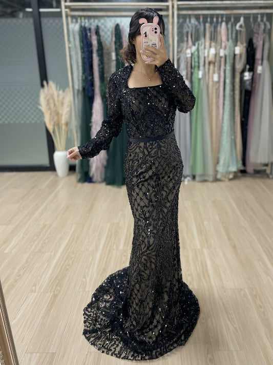 Luxury Black Long Sleeve Formal Dress Mermaid Beaded Evening Gown MY30079