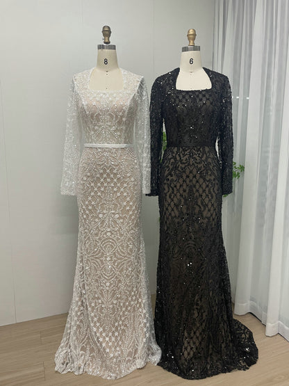 Luxury Black Long Sleeve Formal Dress Mermaid Beaded Evening Gown MY30079