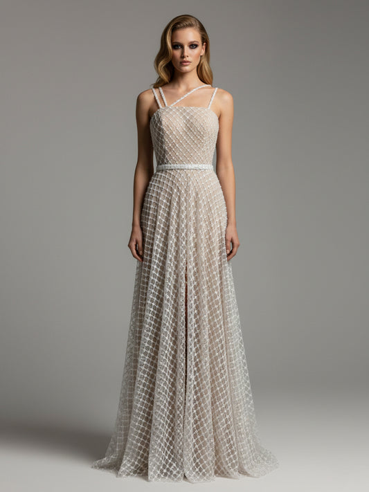 Elegant Pearl Embellished A-Line Evening Gown - Geometric Pattern Formal Maxi Dress MY30080