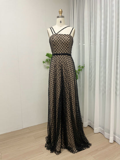 Elegant Pearl Embellished A-Line Evening Gown - Geometric Pattern Formal Maxi Dress MY30080