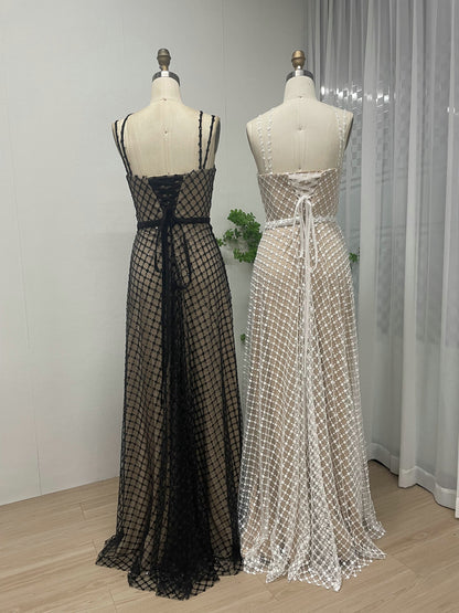Elegant Pearl Embellished A-Line Evening Gown - Geometric Pattern Formal Maxi Dress MY30080