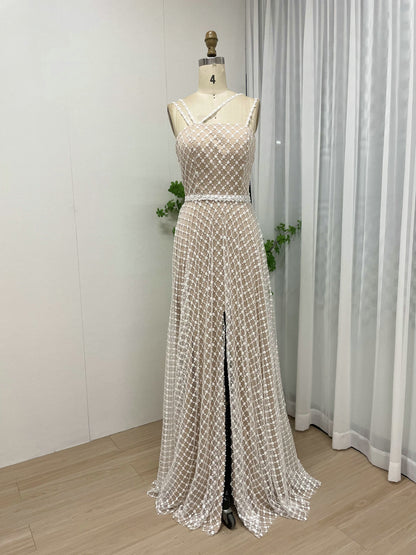 Elegant Pearl Embellished A-Line Evening Gown - Geometric Pattern Formal Maxi Dress MY30080