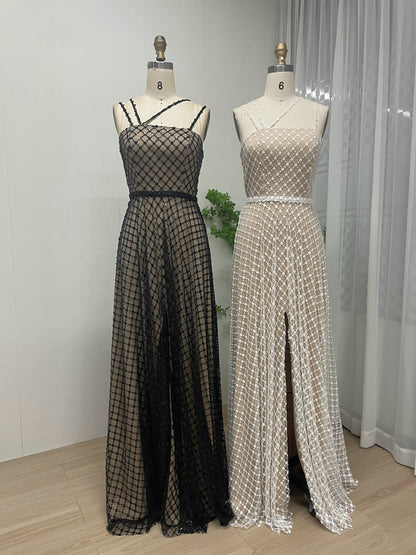 Elegant Pearl Embellished A-Line Evening Gown - Geometric Pattern Formal Maxi Dress MY30080