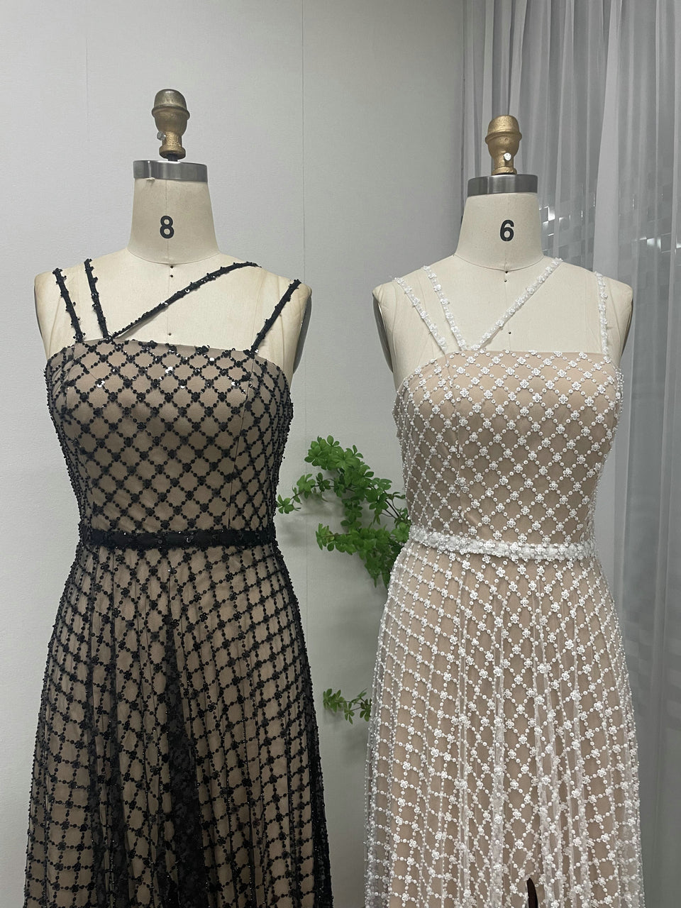 Elegant Pearl Embellished A-Line Evening Gown - Geometric Pattern Formal Maxi Dress MY30080