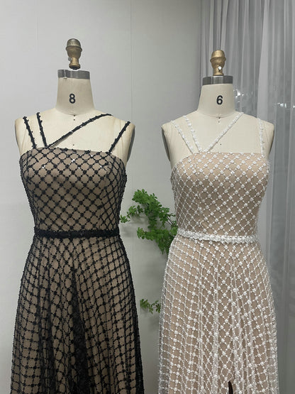 Elegant Pearl Embellished A-Line Evening Gown - Geometric Pattern Formal Maxi Dress MY30080